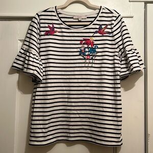 LOFT | Black & White Striped Blouse Top Shirt Bell Sleeves Size Large